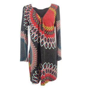 Aryeh Sweater Dress Women's L Boho Geometric Mini Zip Front Long Sleeve Read